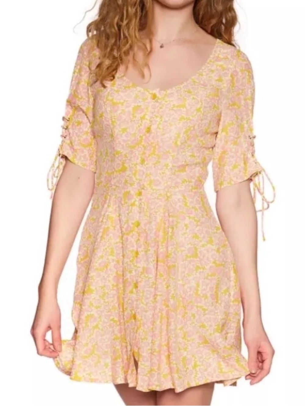 Free People Laced Up Floral Mini Dress Yellow Pink size medium NWOT